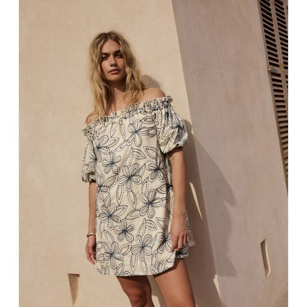 NEXT Mini Dress US 6 Blue And White Floral Embroidered Off the Shoulder